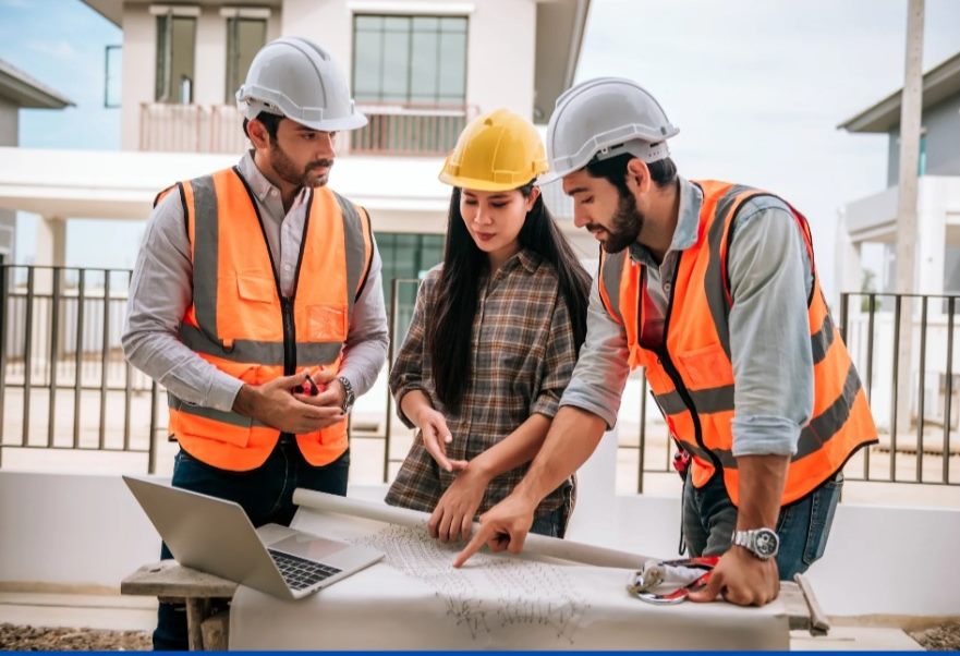 Tres supervisores de obra revisando documentación